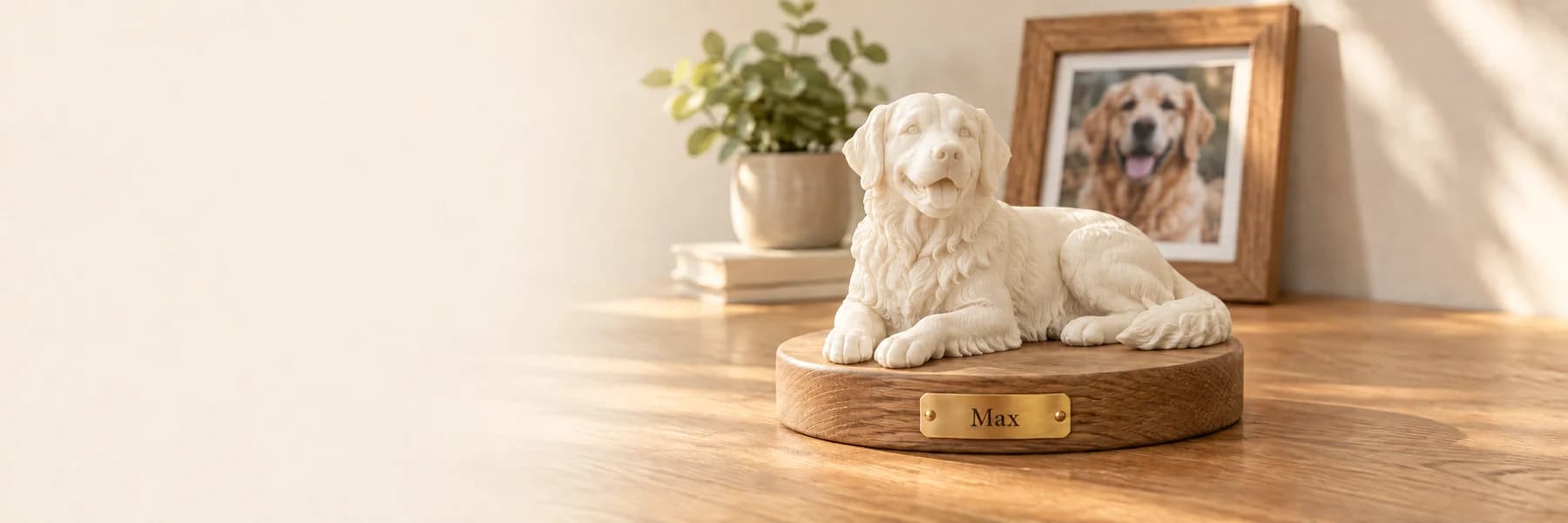 Example of an unpainted ivory dog figurine on a wooden plinth