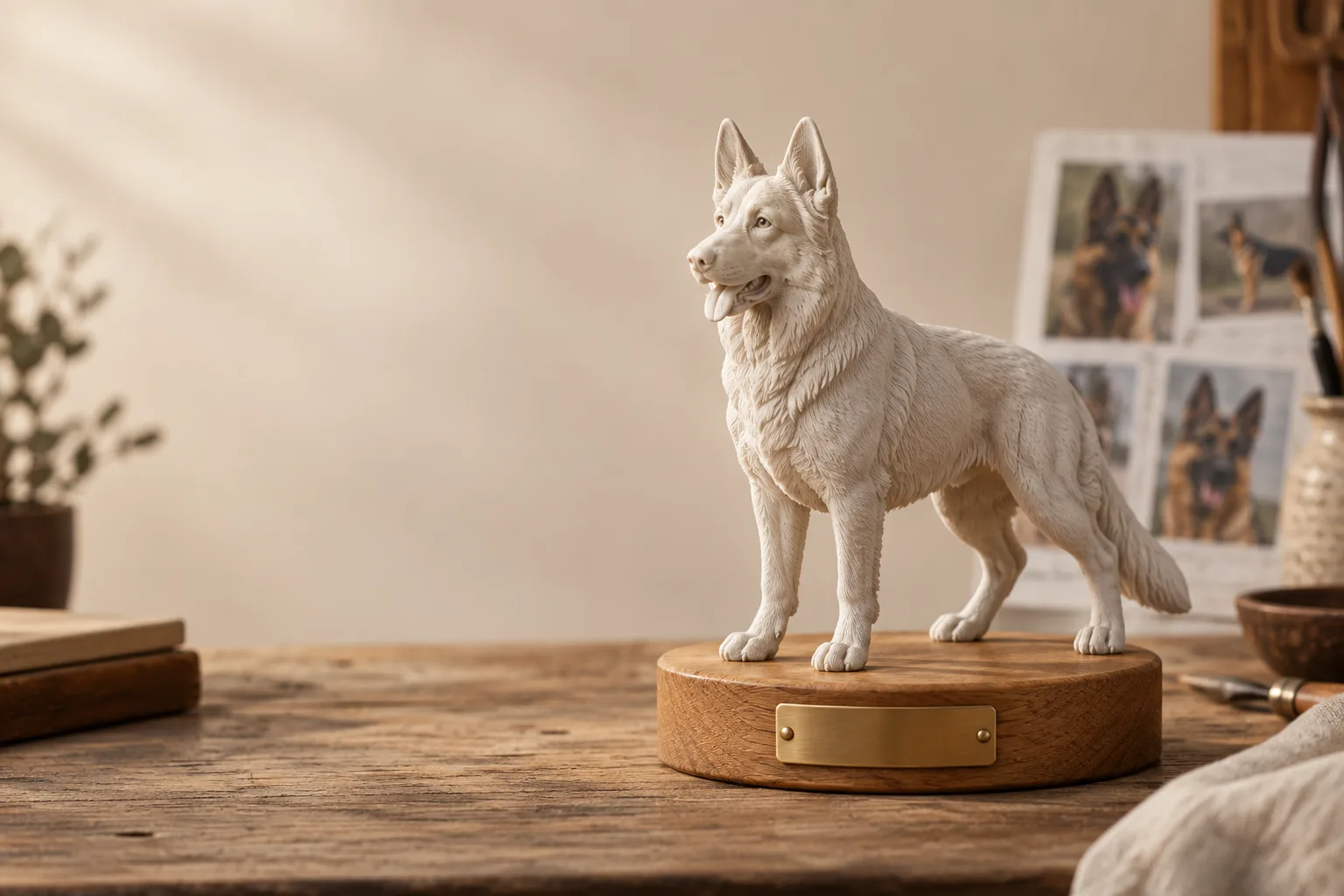 Synthetic studio example of a matte white German Shepherd figurine on a wooden plinth